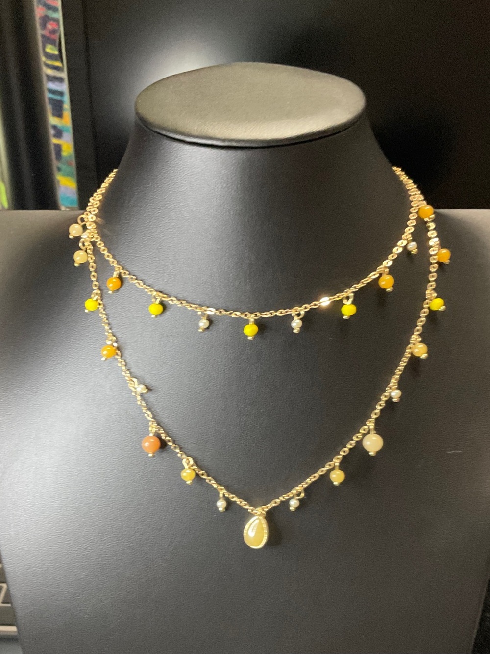 Gold Layered Necklace with Yellow and Amber Beads - Picture 2 of 3